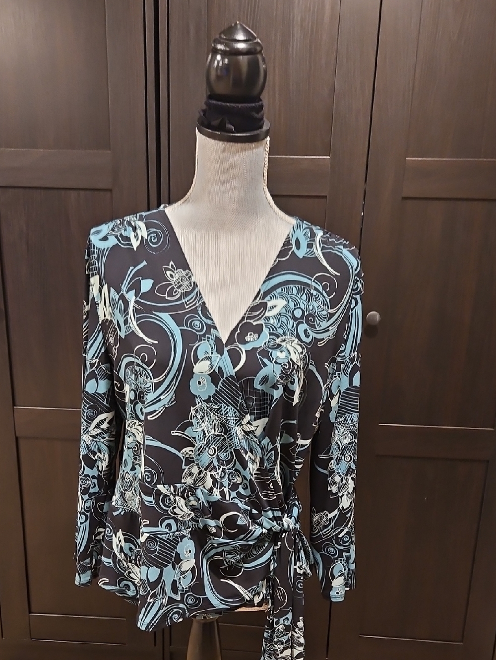Womens Blue Floral Wrap Top